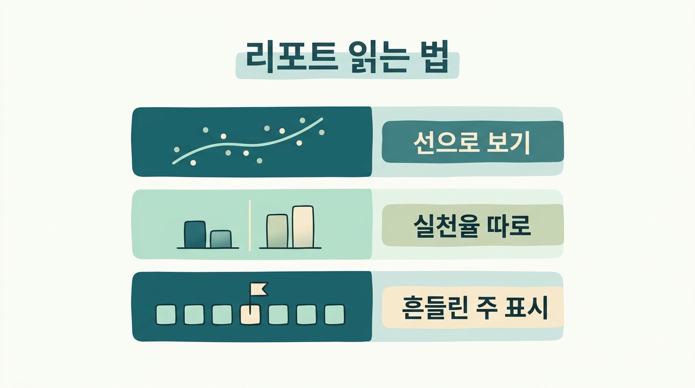 주간 리포트를 읽는 세 가지 기준 점이 아닌 선으로 보기 실천율과 결과 나누기 흔들린 주 표시