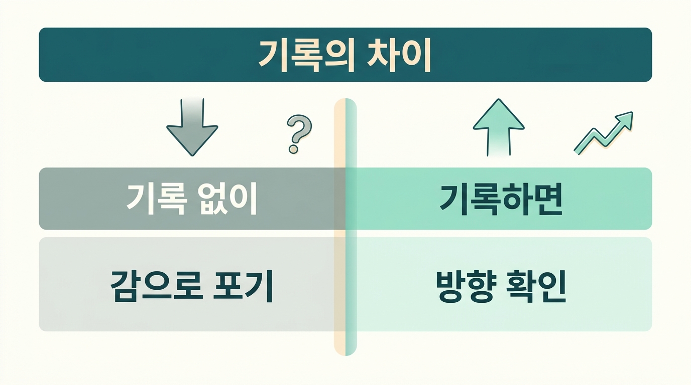 기록하지 않았을 때와 기록했을 때 비교 감으로 포기하기와 방향 확인 후 이어가기