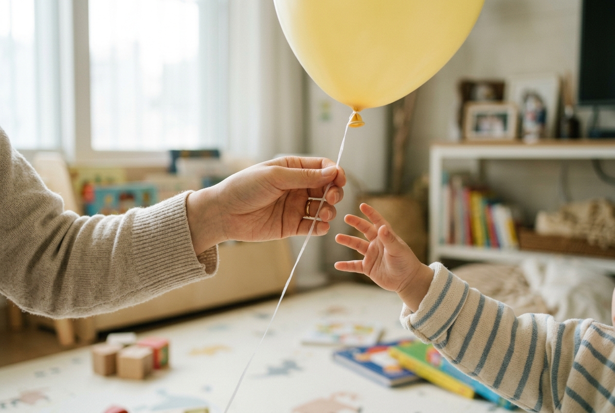 엄마 손이 아이의 작은 손에 풍선을 건네는 모습