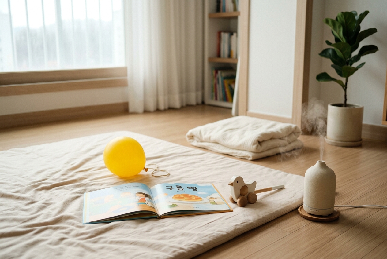 매트, 풍선, 그림책, 디퓨저가 정돈된 한국 가정 거실의 정물
