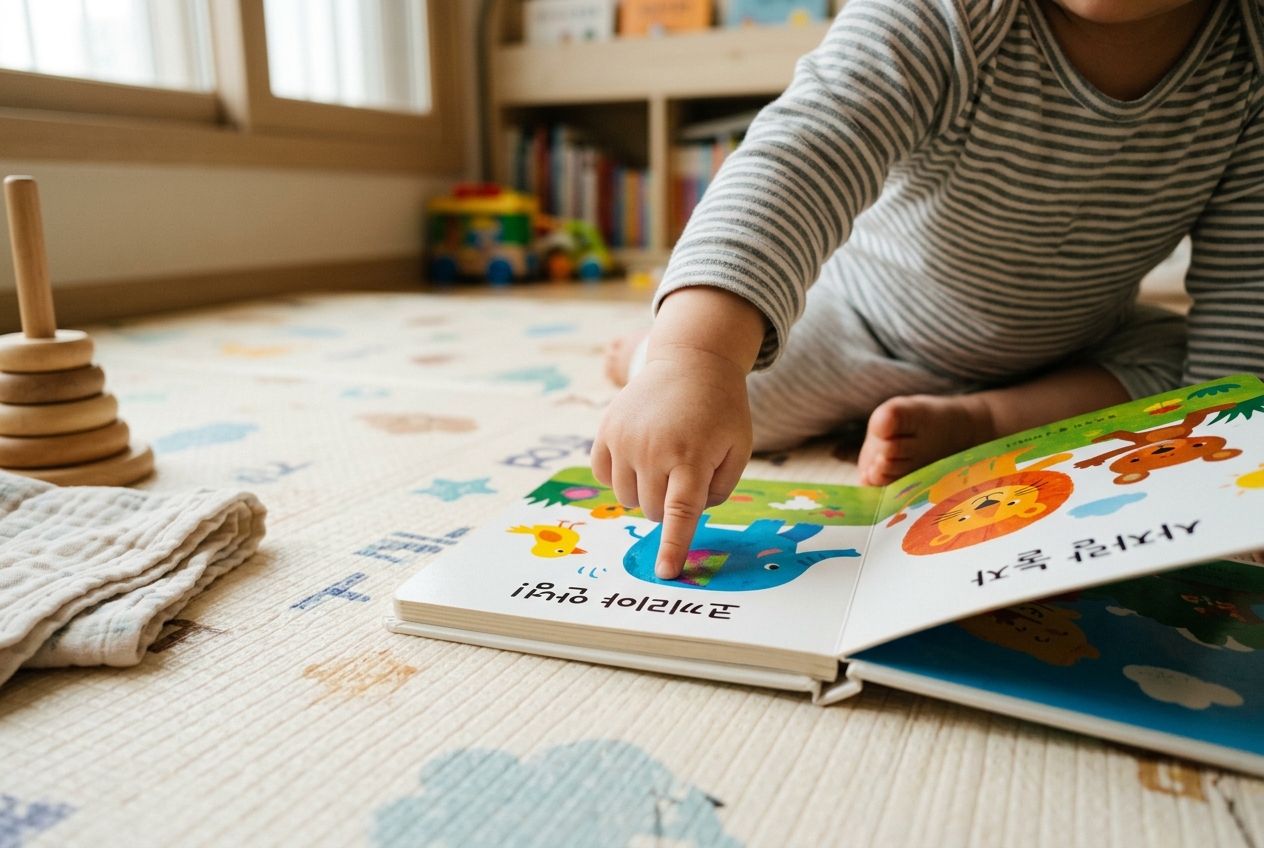 아이의 작은 손이 그림책 페이지를 가리키는 모습