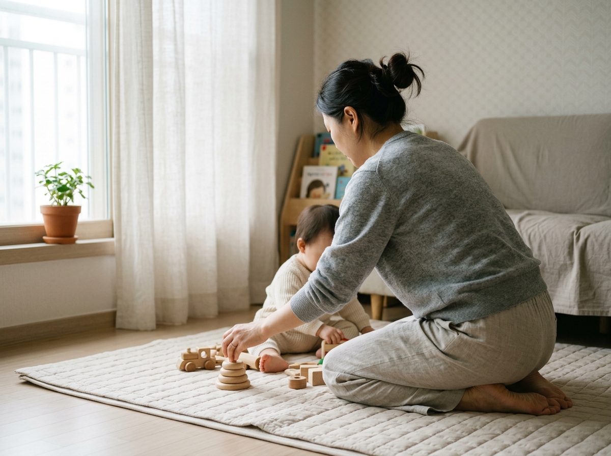 아침 거실 창가에서 아이와 함께 바닥 놀이를 준비하는 한국인 엄마의 측면