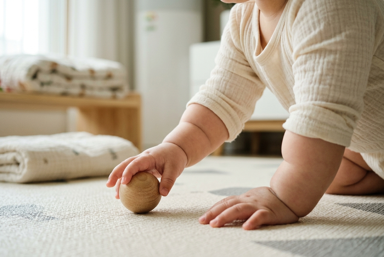 아이가 네발 자세로 장난감을 잡으려는 손의 클로즈업
