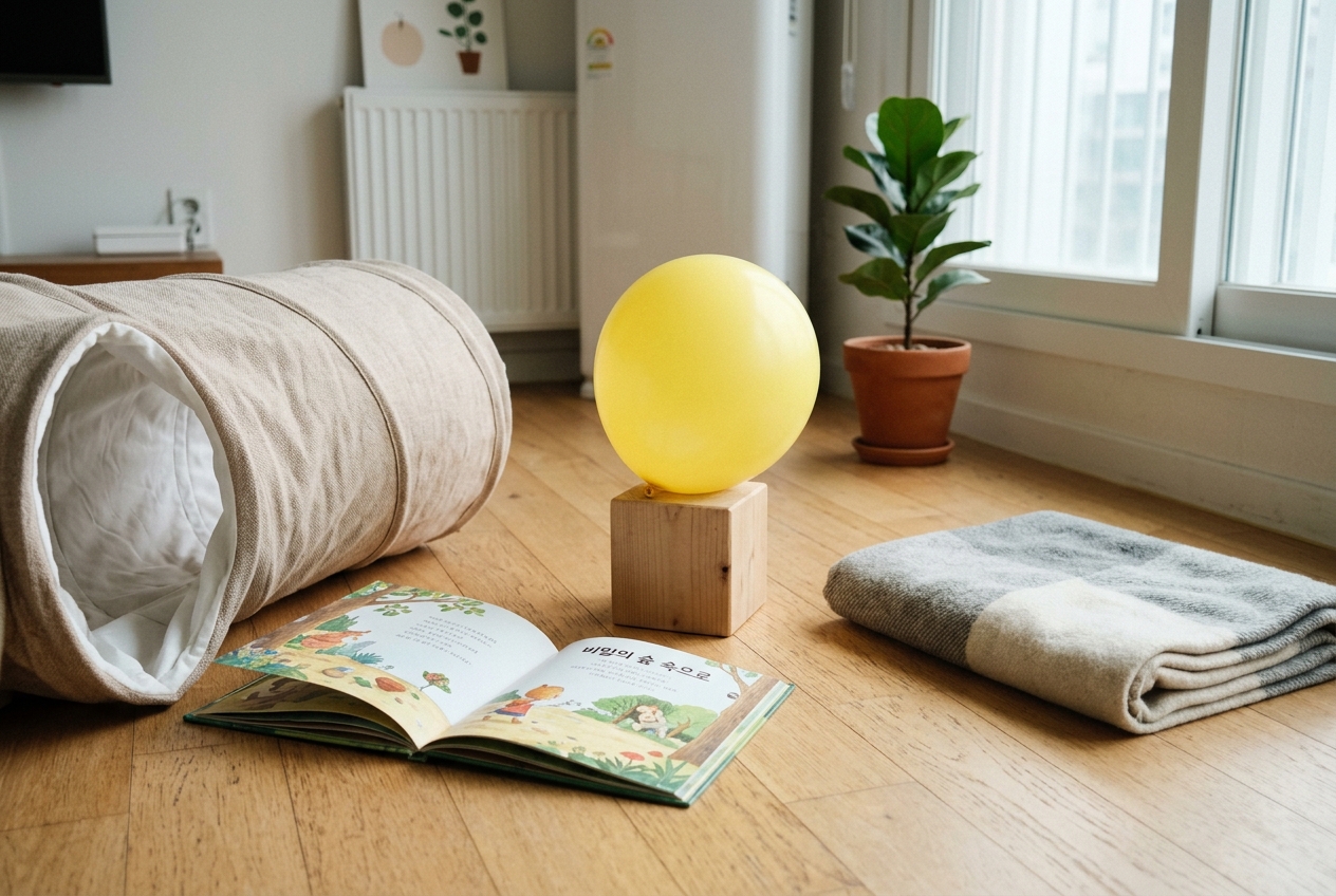 거실 매트와 그림책, 풍선이 놓인 한국 가정의 정물