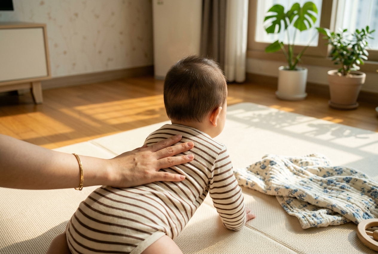 엄마 손이 아기에게 부드럽게 닿는 거실 장면