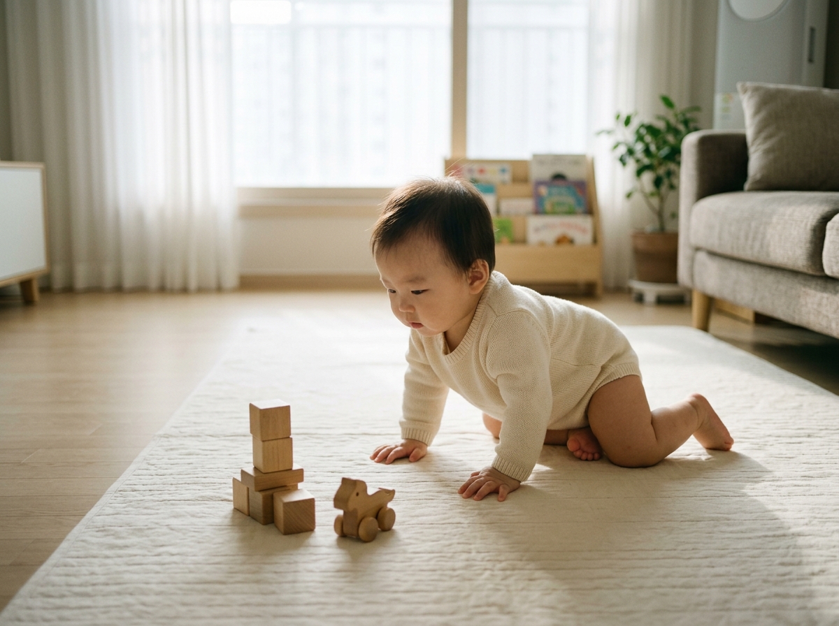 거실 매트 위에서 네발 자세로 노는 한국인 아기
