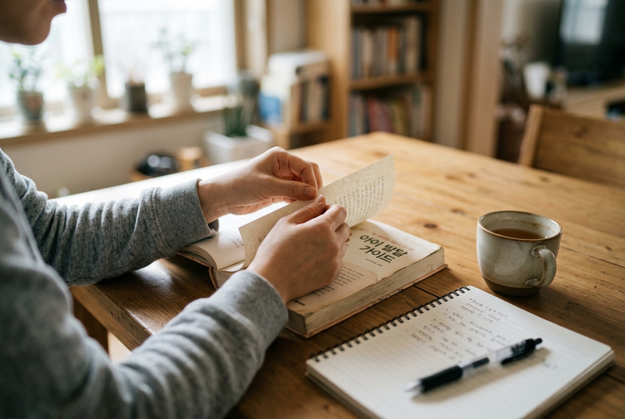 언어 발달 책 페이지를 손으로 넘기는 엄마의 손 클로즈업