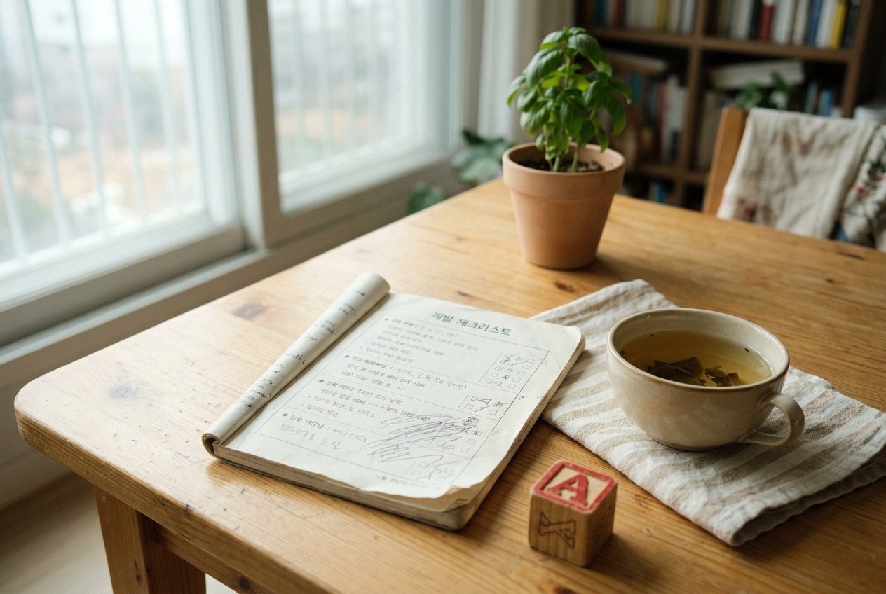 발달 점검 노트와 따뜻한 차 한 잔이 놓인 한국 가정의 식탁 정물