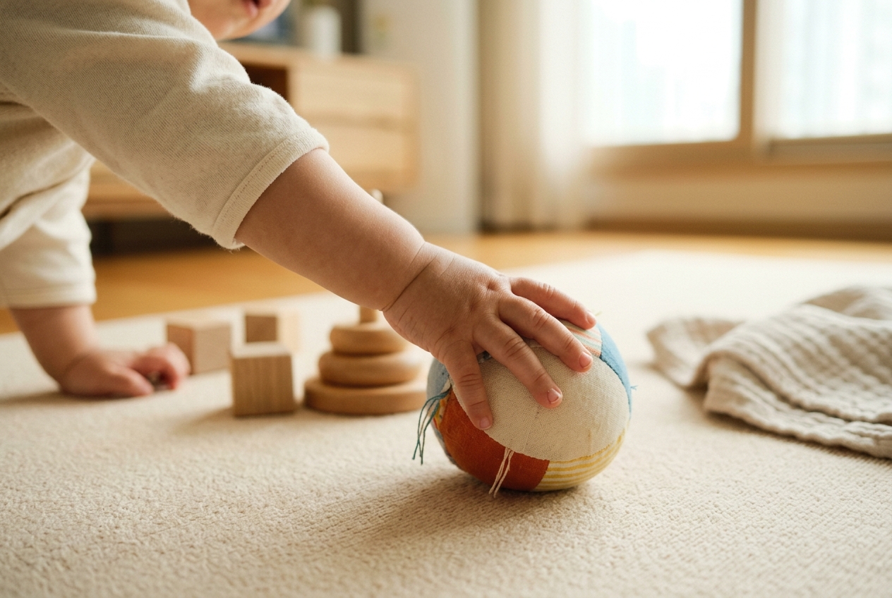 아이의 작은 손이 거실 매트 위 장난감을 잡으려 뻗는 모습