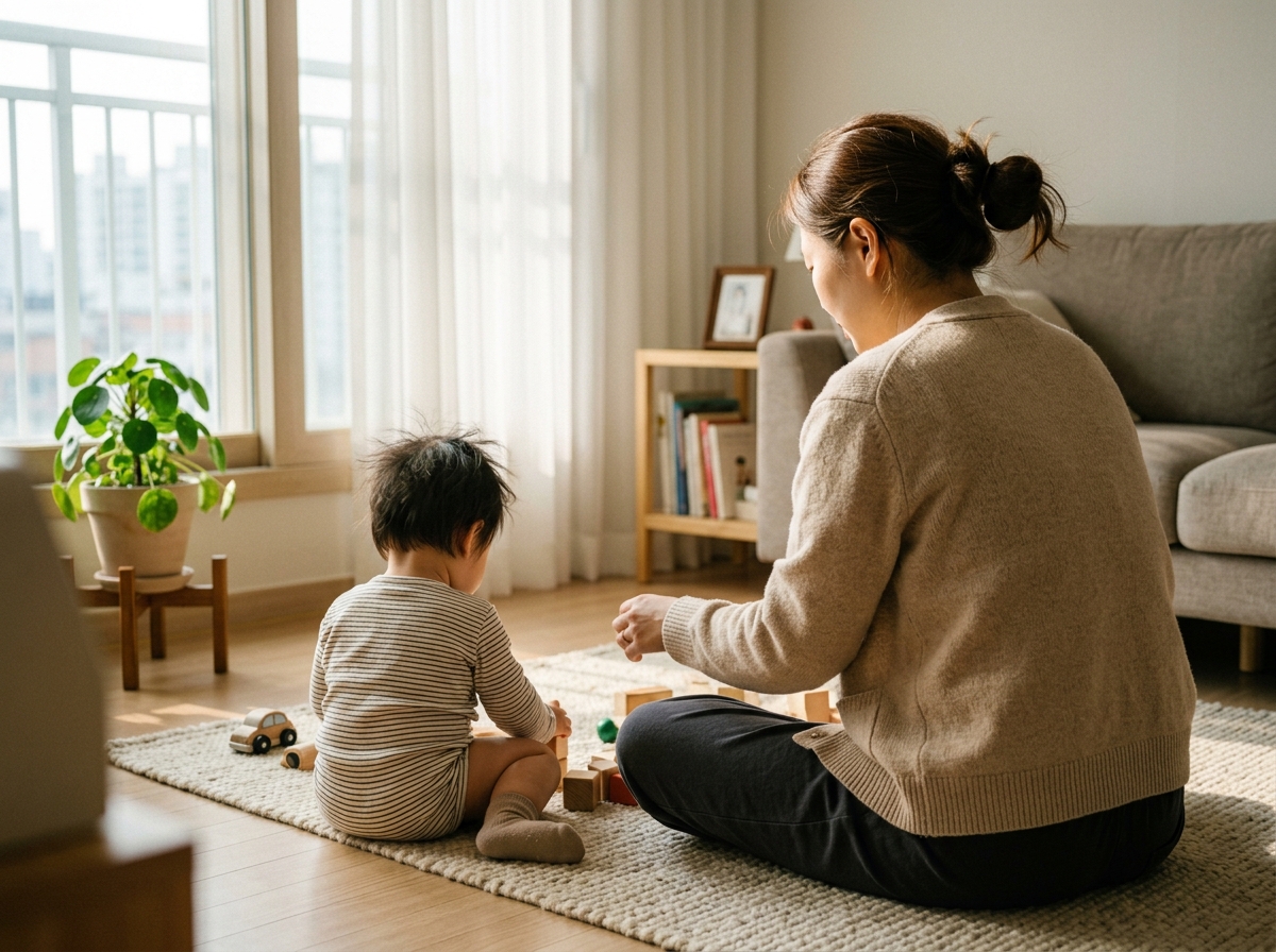 거실 바닥에 앉아 아이를 바라보는 한국인 엄마의 측면 모습
