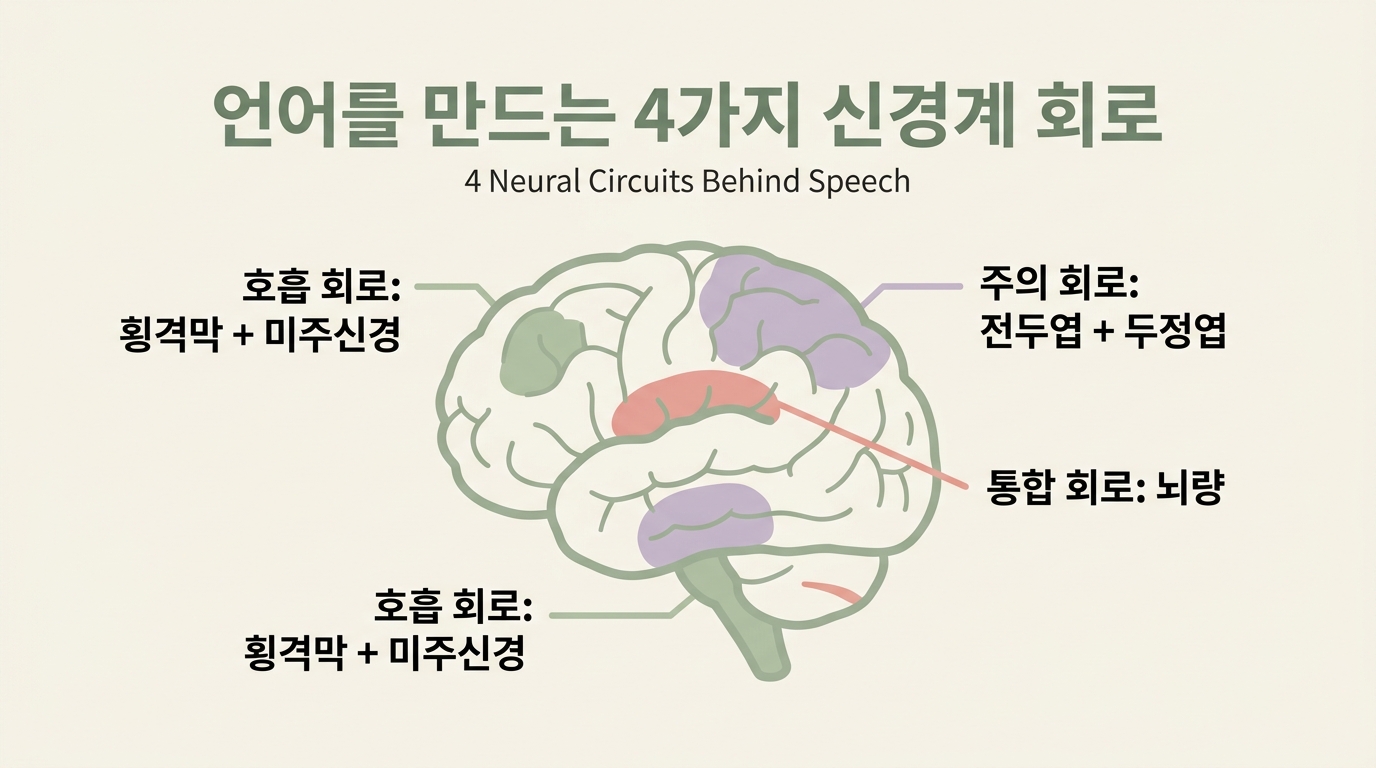 언어를 만드는 4가지 신경계 메커니즘 — 호흡 각성 주의 양측뇌통합 흐름도 인포그래픽