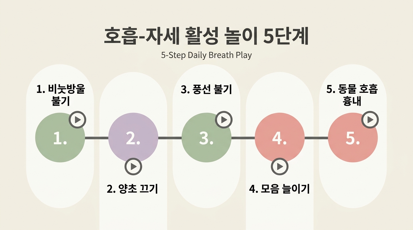호흡-자세 활성 놀이 5단계 흐름도 — 비눗방울 양초 풍선 길게 말하기 단계별 인포그래픽