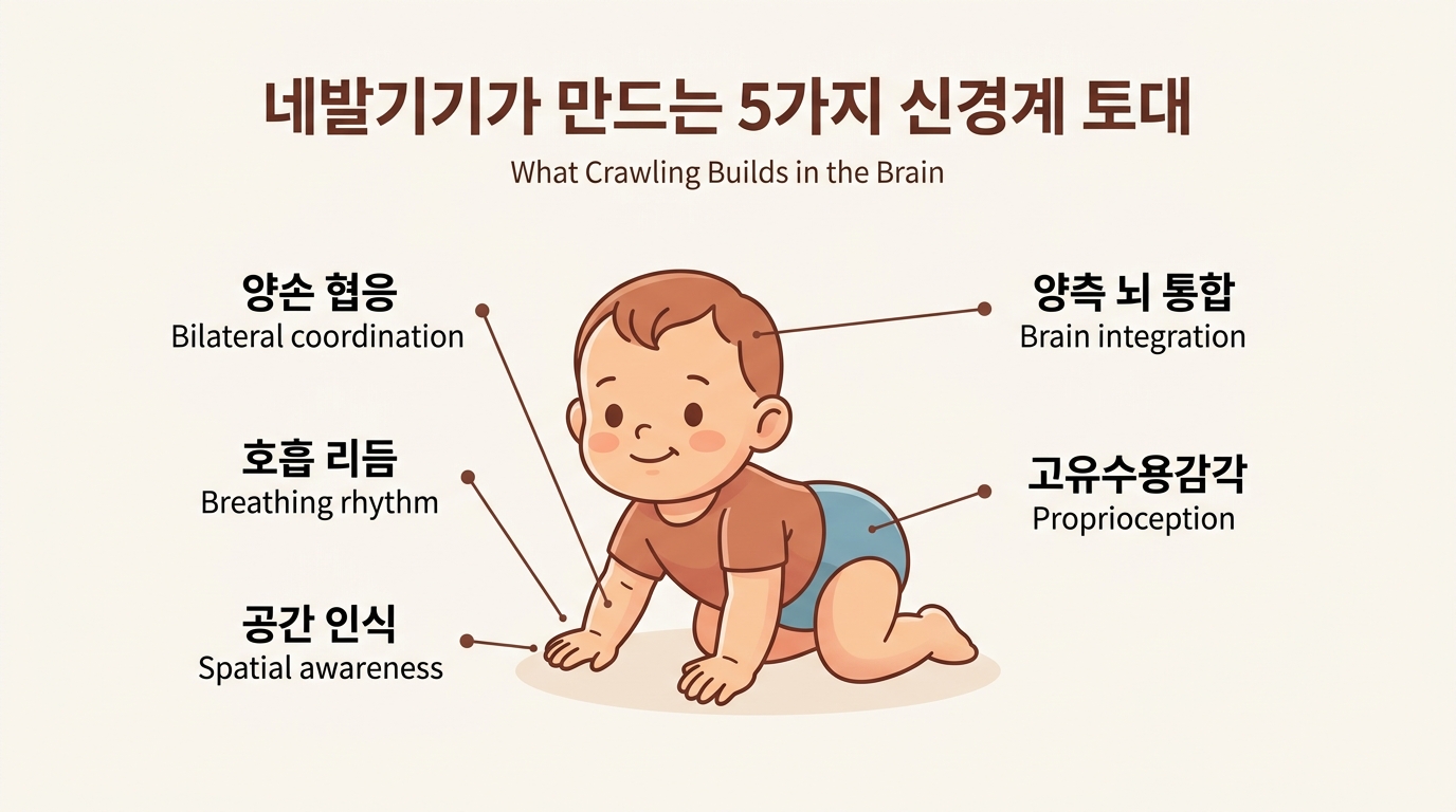 네발기기 한 단계가 키우는 5가지 신경계 토대를 보여주는 인포그래픽 — 양손협응 호흡 공간인식 양측뇌통합 공동주의