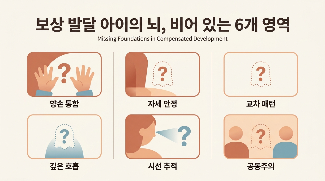 네발기기 건너뛴 보상 발달 아이의 신경계 빈자리 6가지 영역을 시각화한 인포그래픽