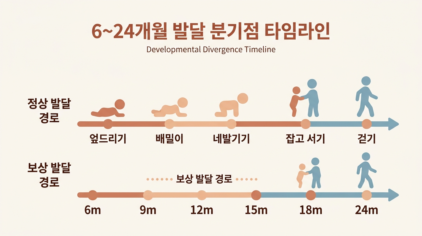 6개월부터 24개월까지 정상 발달과 보상 발달의 분기점을 보여주는 타임라인 비교 인포그래픽