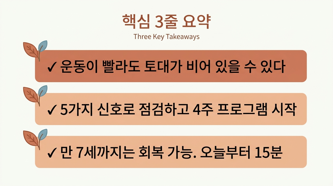 보상 발달 회복의 핵심 3줄 요약을 시각화한 마무리 인포그래픽