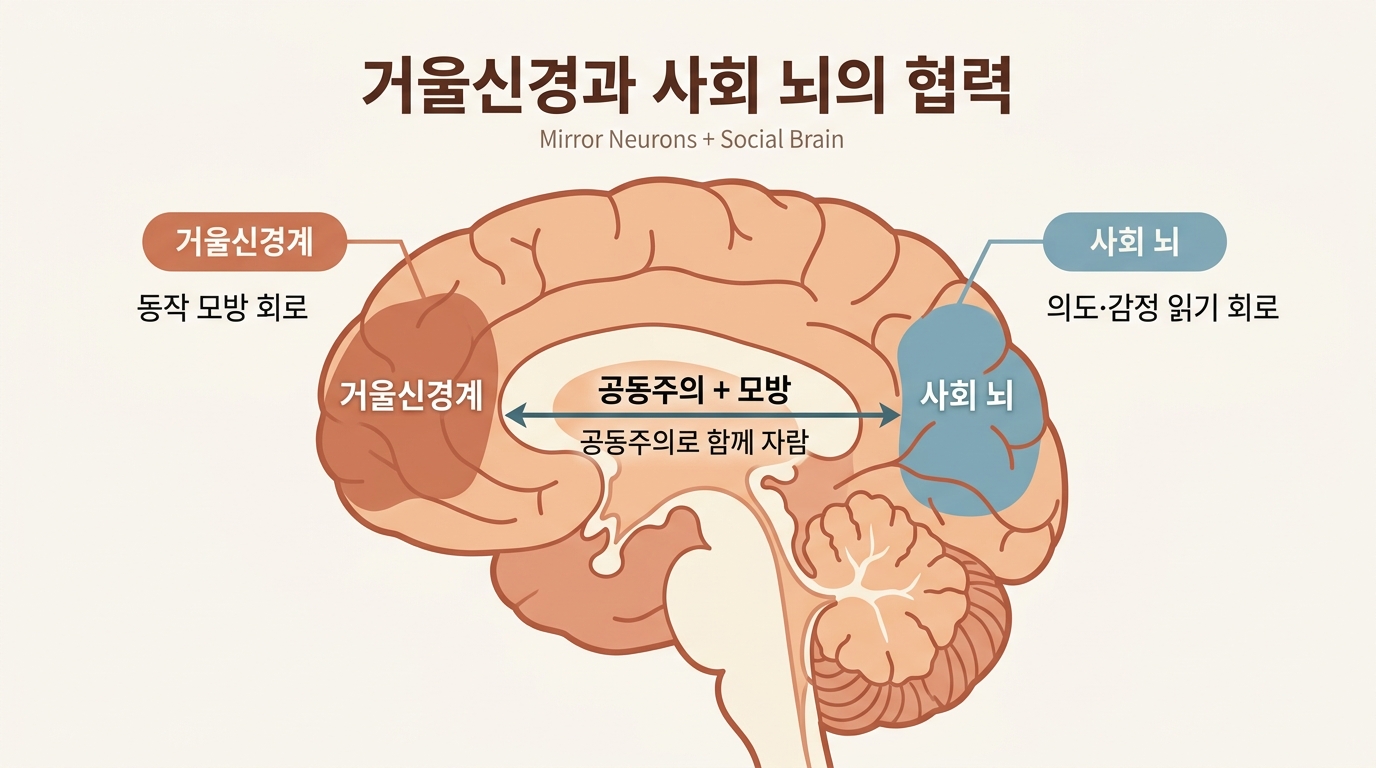공동주의 삼각형 흐름과 거울신경 모방 회로의 신경학적 메커니즘을 보여주는 인포그래픽