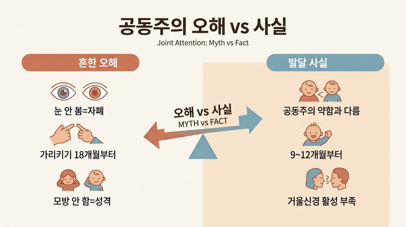 눈맞춤과 공동주의에 대한 흔한 6가지 오해와 발달 사실을 비교한 인포그래픽