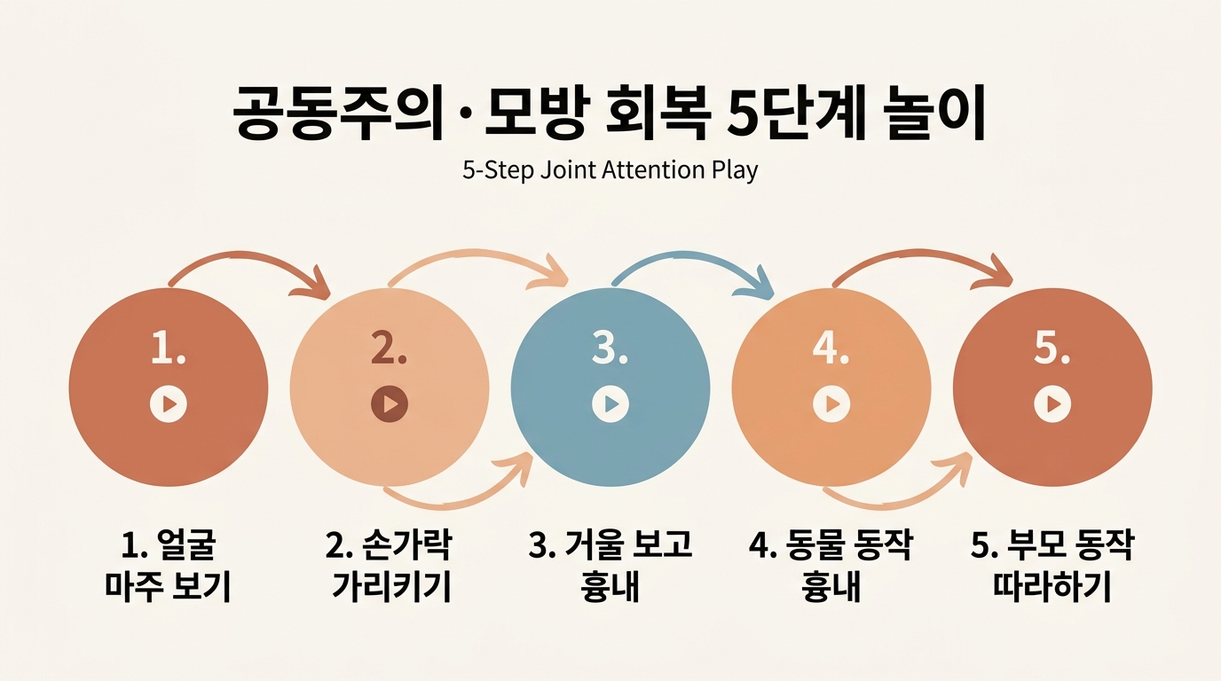 공동주의 모방 회복 5단계 놀이 흐름도 — 얼굴 보기 가리키기 거울 흉내 동물 모방 단계별 인포그래픽