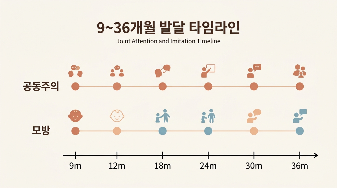 9개월부터 36개월까지 공동주의와 모방 발달 타임라인 인포그래픽