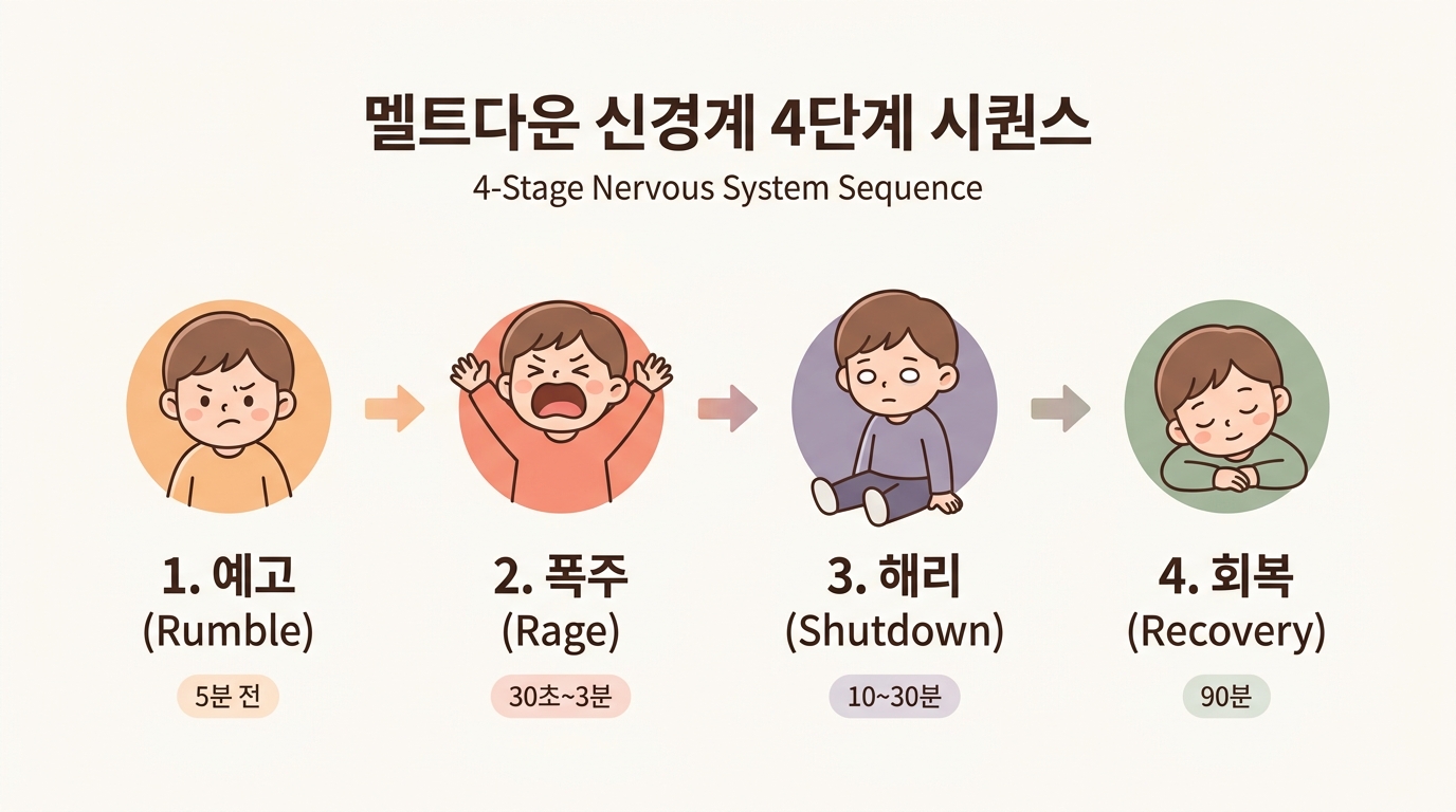 멜트다운 4단계 시퀀스 예고 폭주 해리 회복 플로우 다이어그램