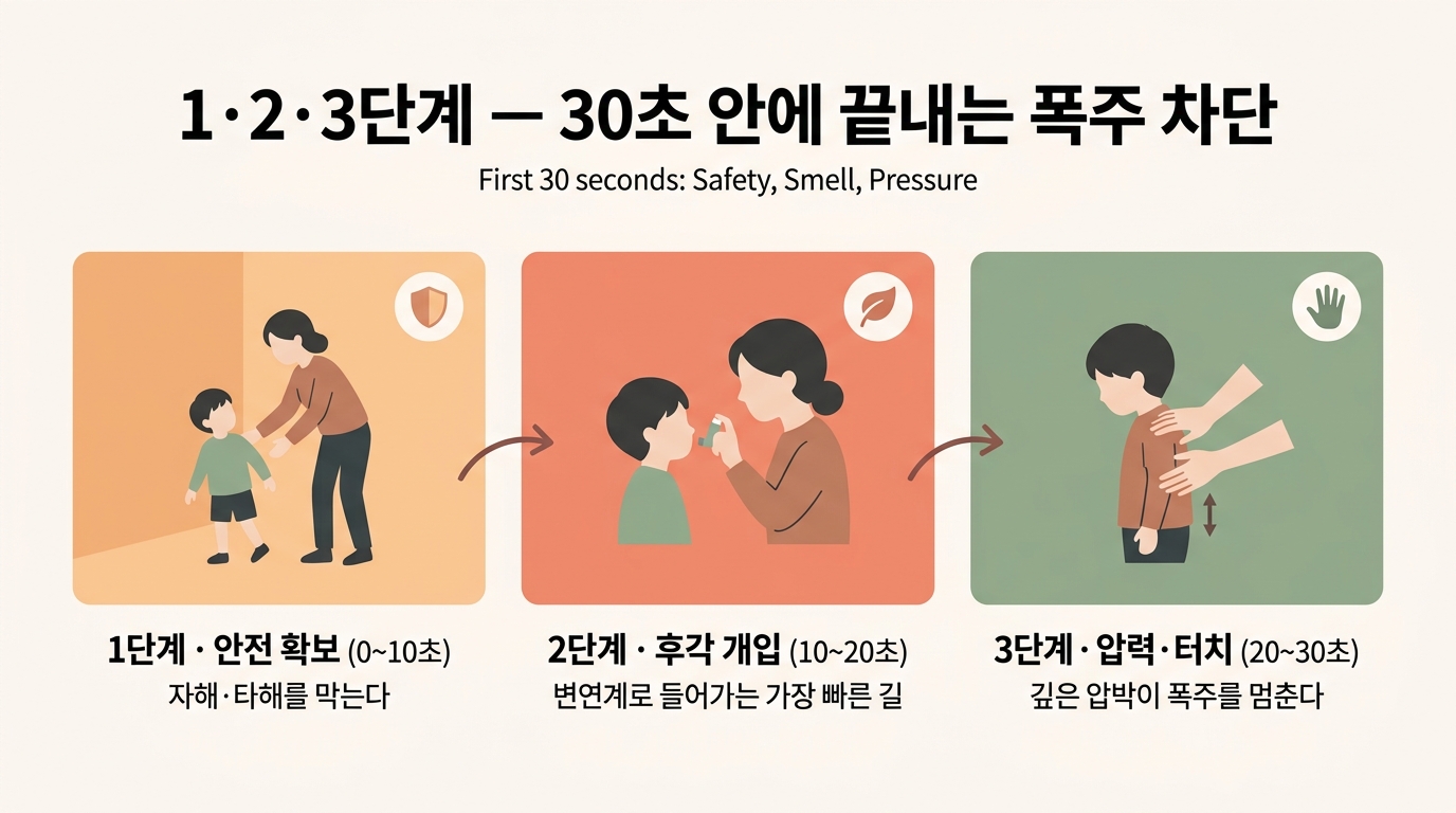 멜트다운 응급처치 1 2 3단계 안전 확보 후각 압력 비교 인포그래픽