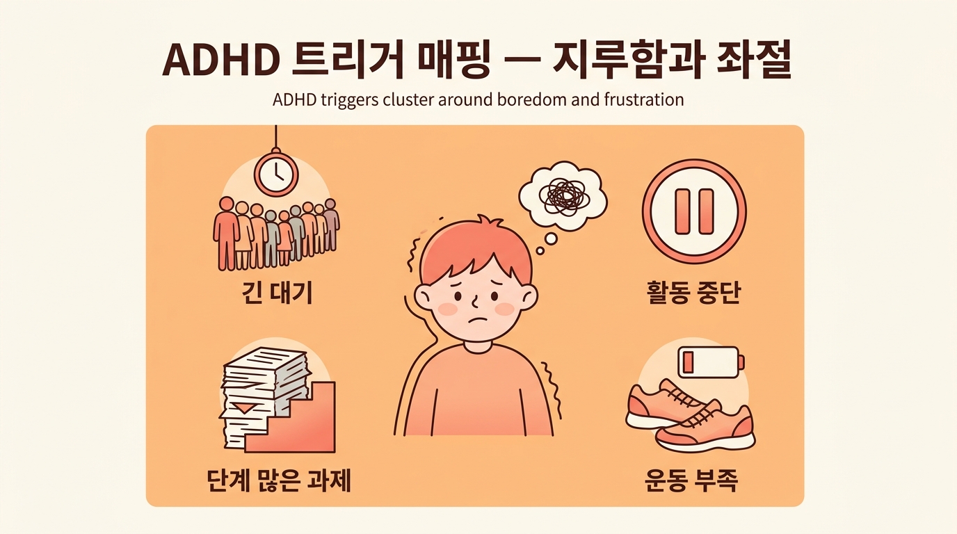 ADHD 멜트다운 지루함 좌절 트리거 매핑 다이어그램