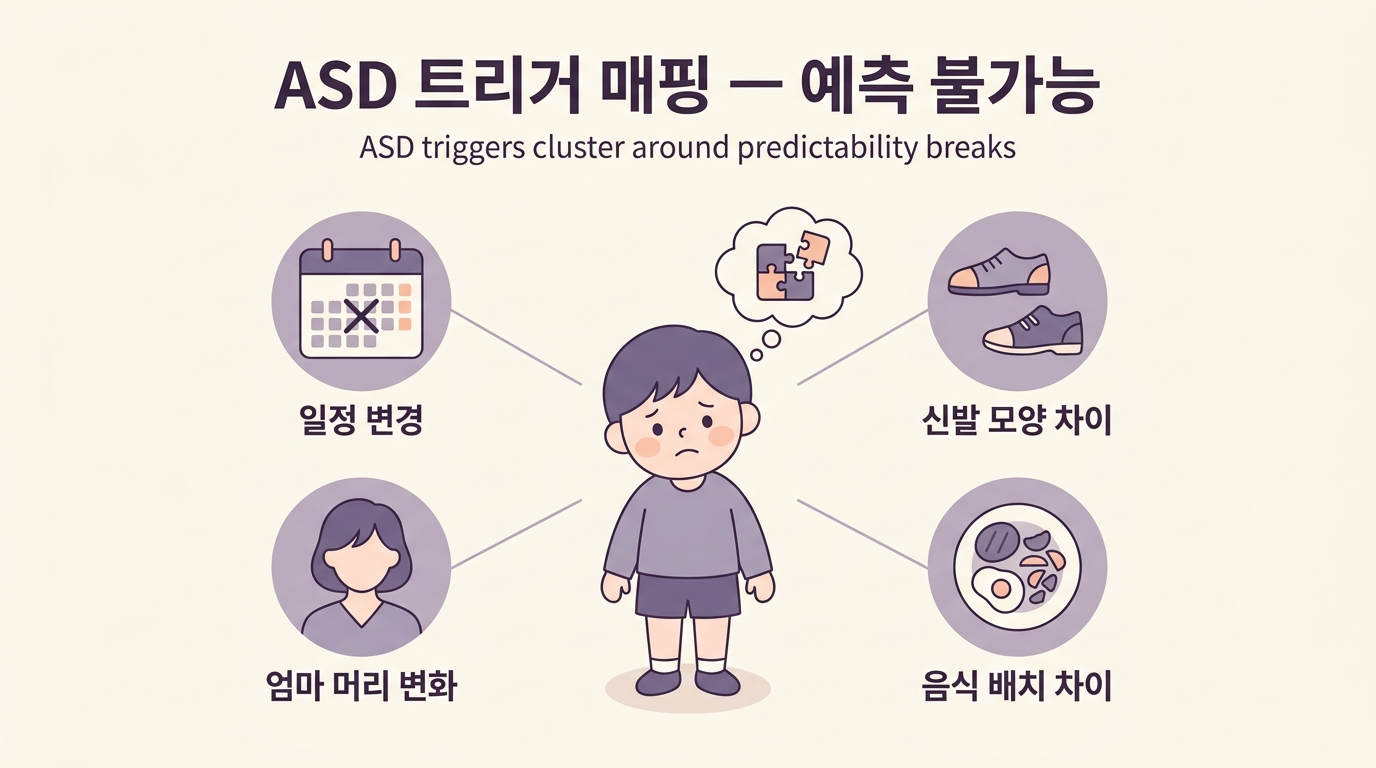 ASD 자폐 스펙트럼 멜트다운 예측 불가능 트리거 매핑 다이어그램