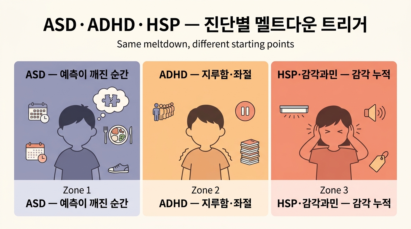 ASD·ADHD·HSP 아이는 다르게 무너집니다 — 유형별 트리거