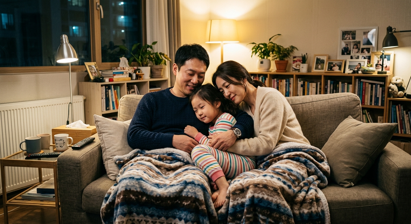 소파에서 함께 시간을 보내는 한국인 가족