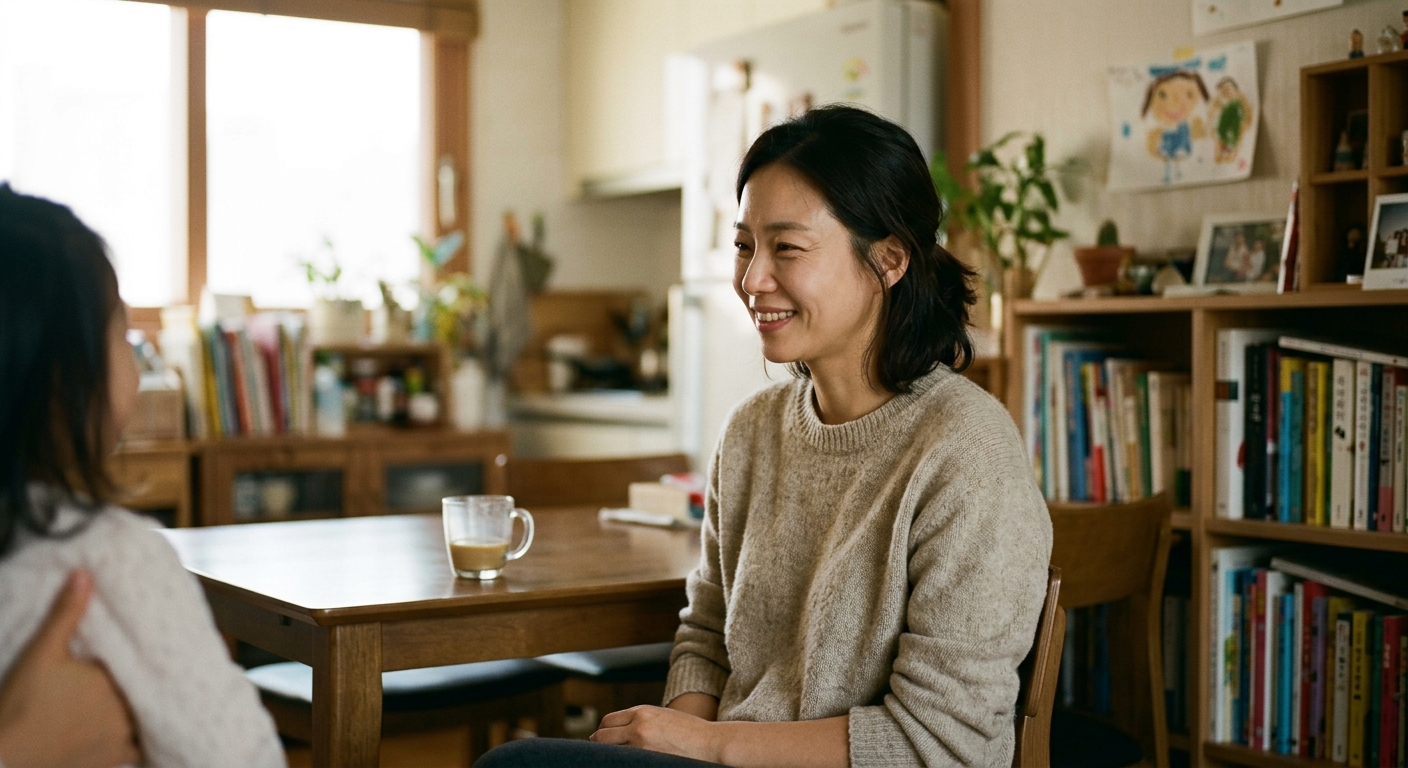 딸을 따뜻하게 바라보는 한국인 엄마의 미소