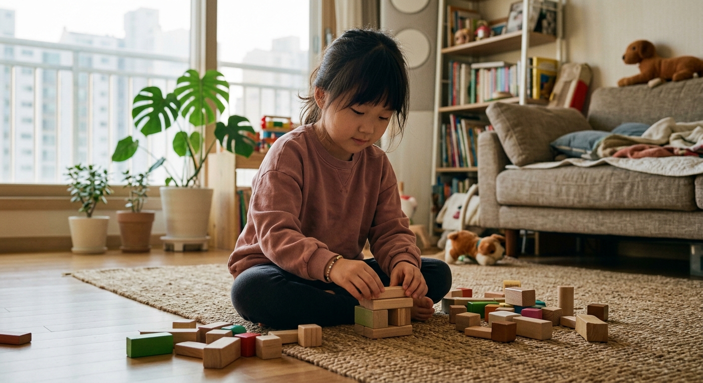 블록을 차분하게 가지고 노는 6세 한국인 여자아이