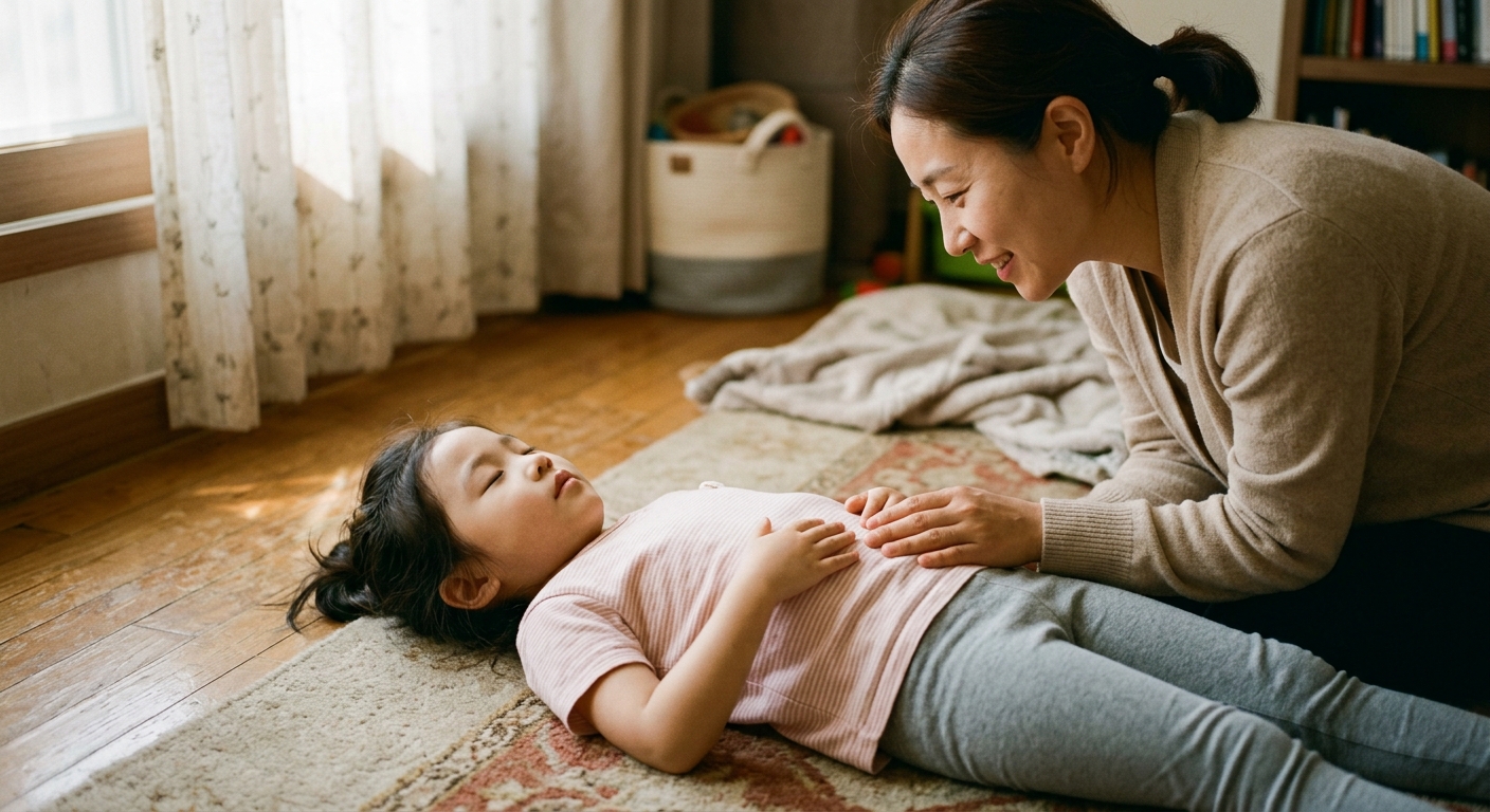 배 위에 손을 올리고 호흡을 배우는 한국인 6세 여아