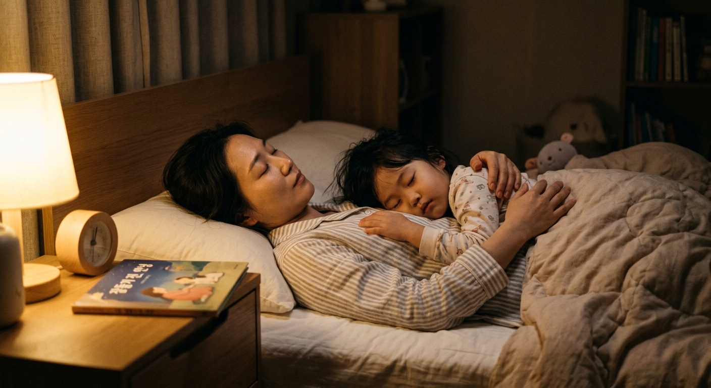 잠자리에서 함께 호흡하며 안정된 한국인 모녀