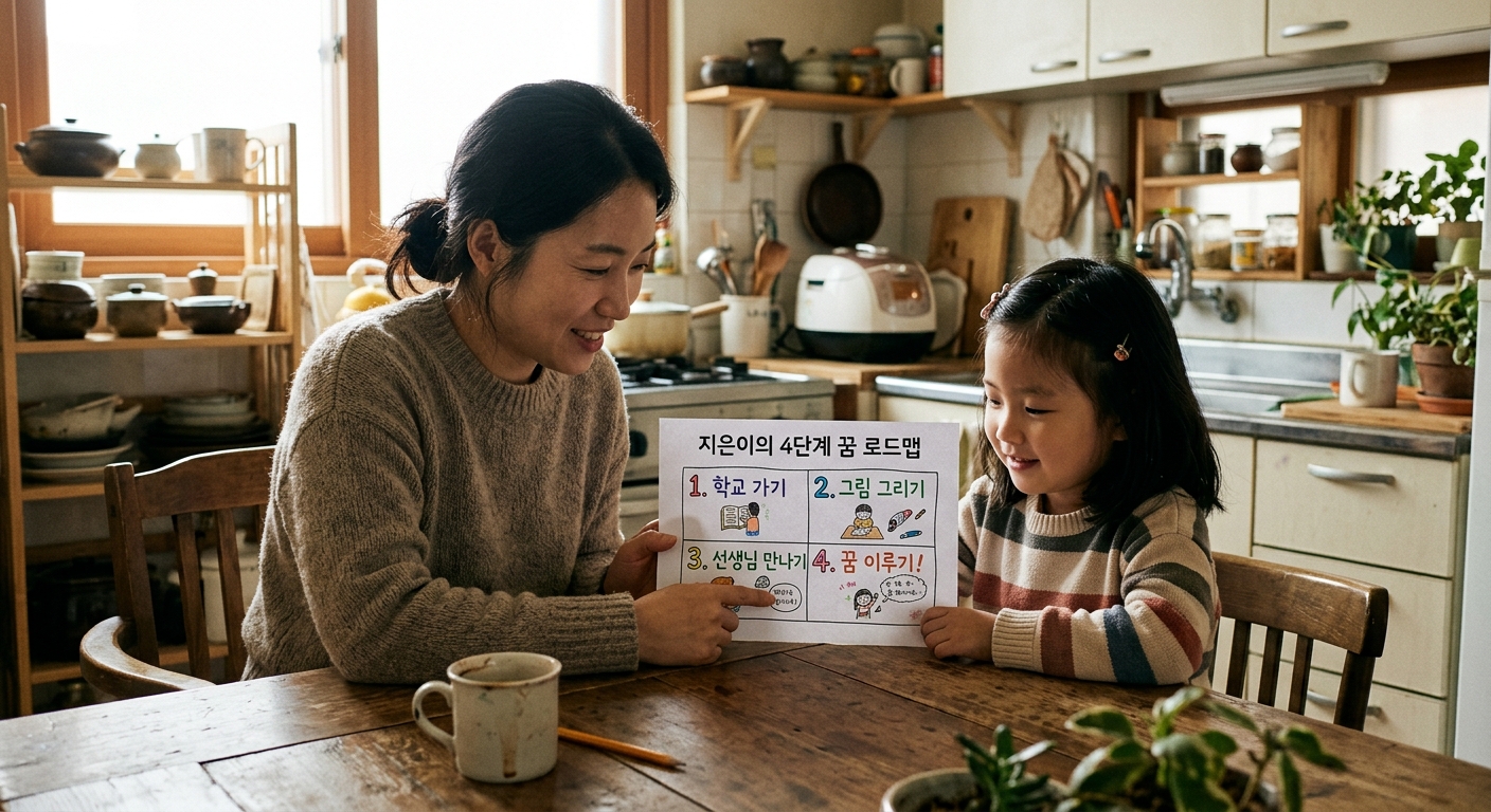 신경계 회복 4단계 차트를 함께 보는 한국인 엄마와 아이