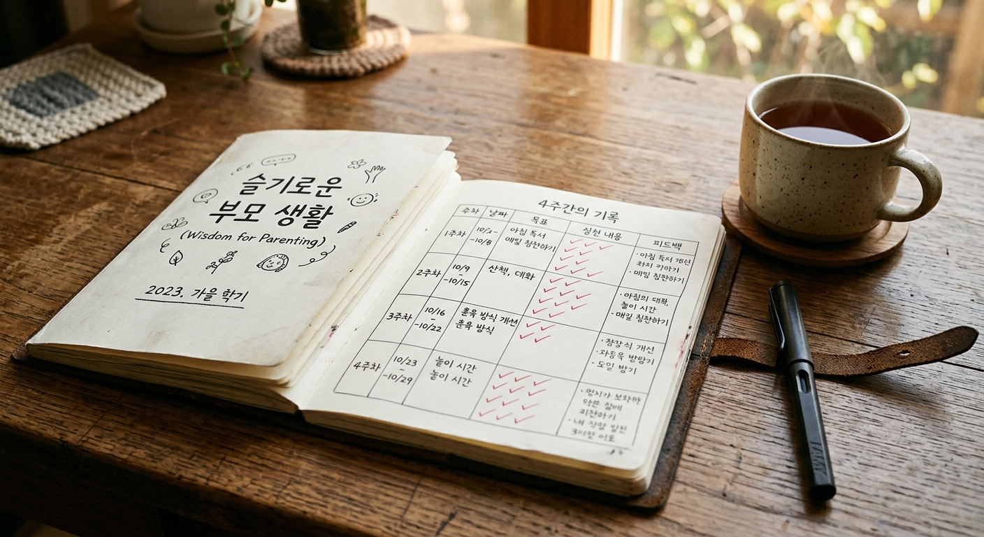 주차별 진도 노트와 차 한 잔이 놓인 책상