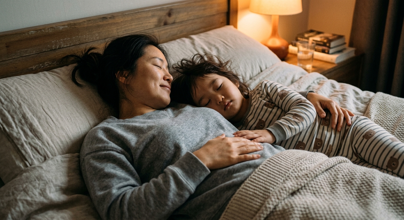 배 위에 손을 올리고 함께 호흡하는 한국인 엄마와 아이
