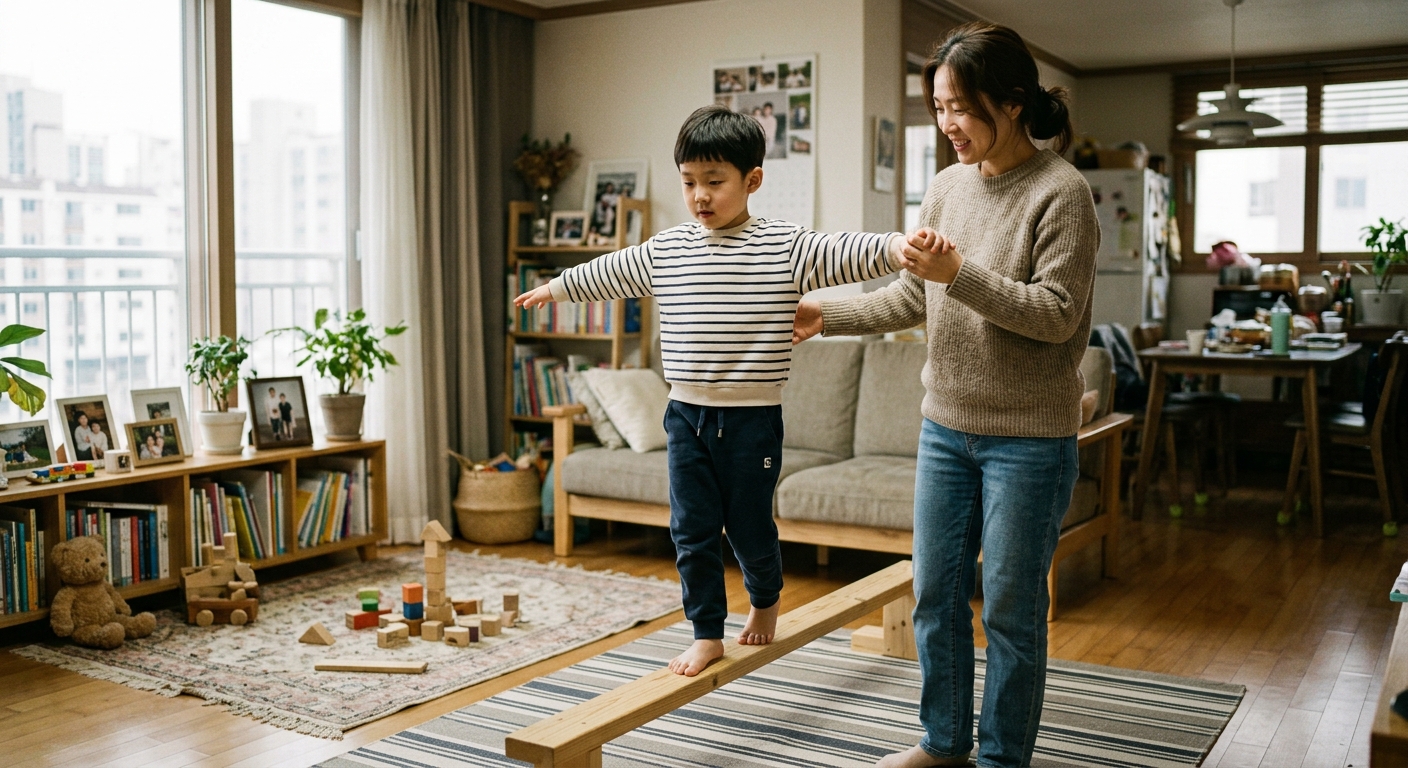 좌우 균형 잡는 놀이를 하는 한국인 아이와 엄마