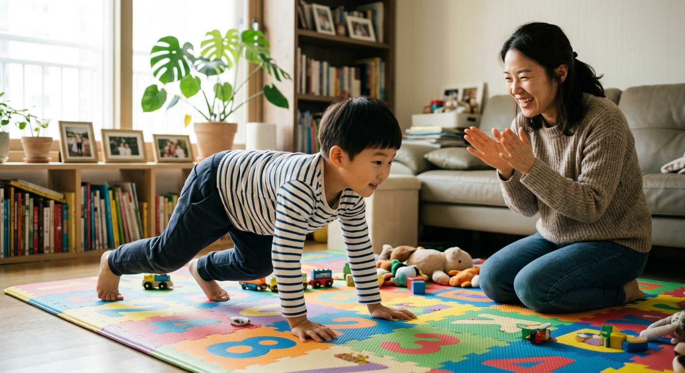 매트 위에서 곰처럼 기어가며 노는 한국인 아이