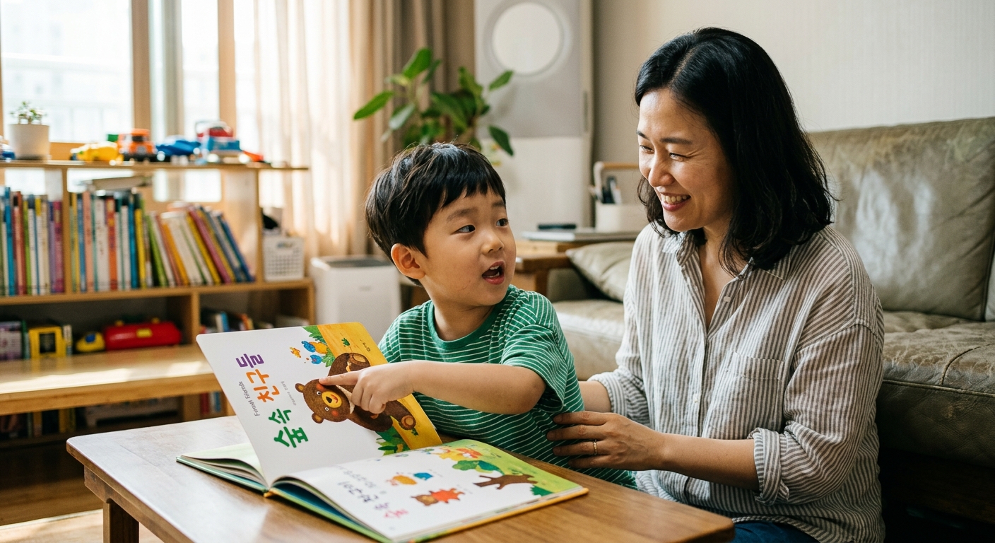 책을 보며 자신 있게 말하는 한국인 아이와 듣는 엄마