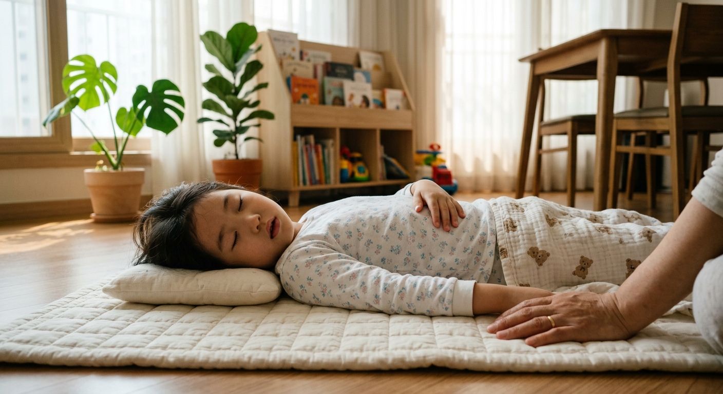 바닥에 누워 배 위에 손을 올리고 호흡하는 한국인 아이