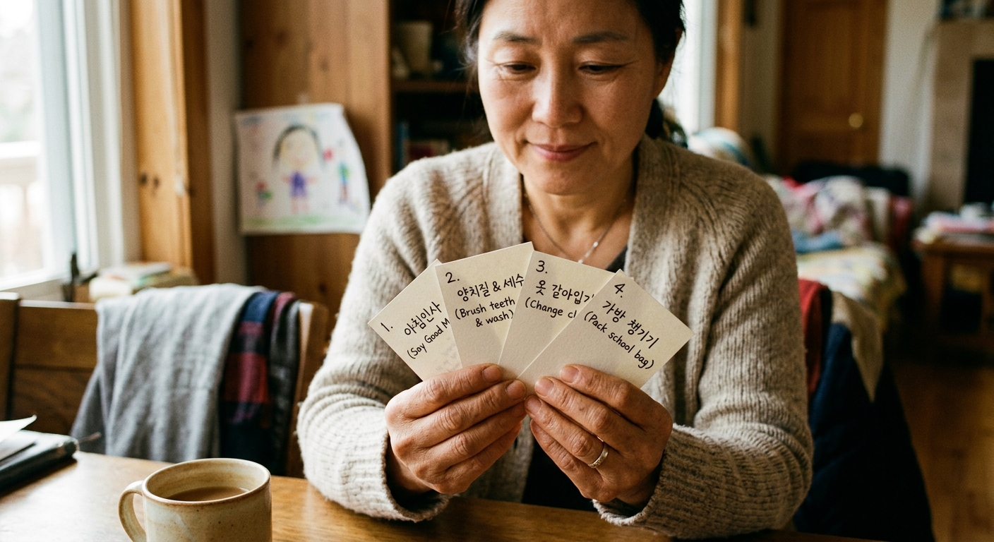 1-2-3-4 단계 카드를 들고 있는 한국인 엄마의 손