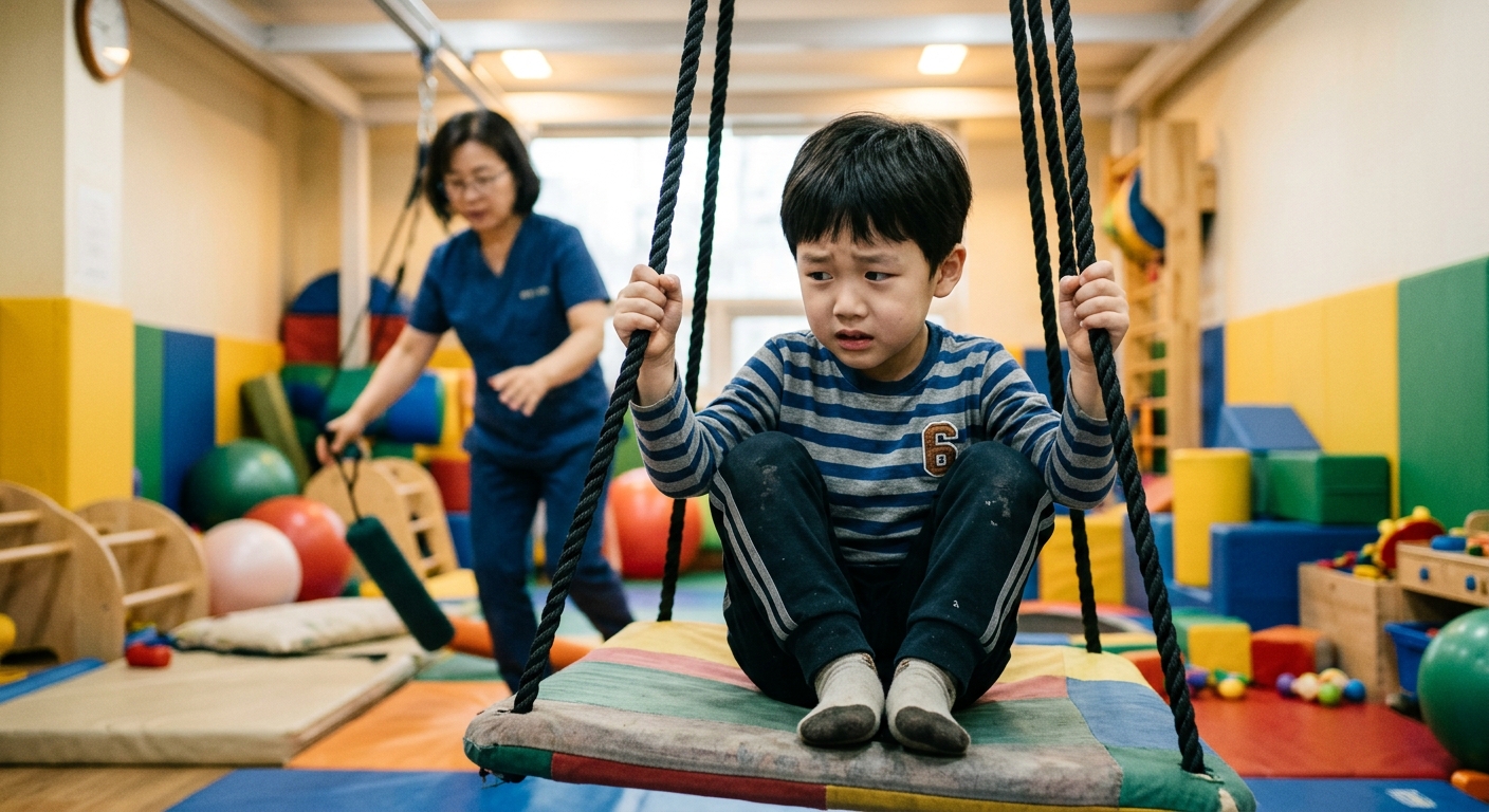 감각통합 치료실 그네 위에서 긴장한 한국인 아이