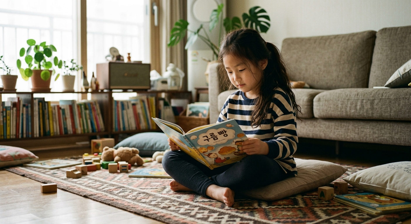 감각 활동 후 차분한 표정으로 책을 보는 한국인 아이