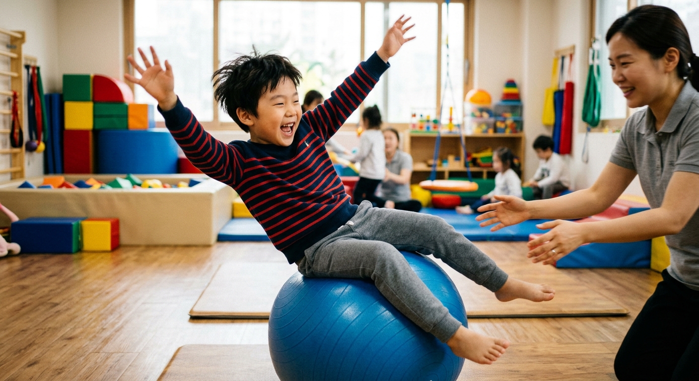 치료실 그네에서 균형을 잃고 흔들리는 한국인 아이