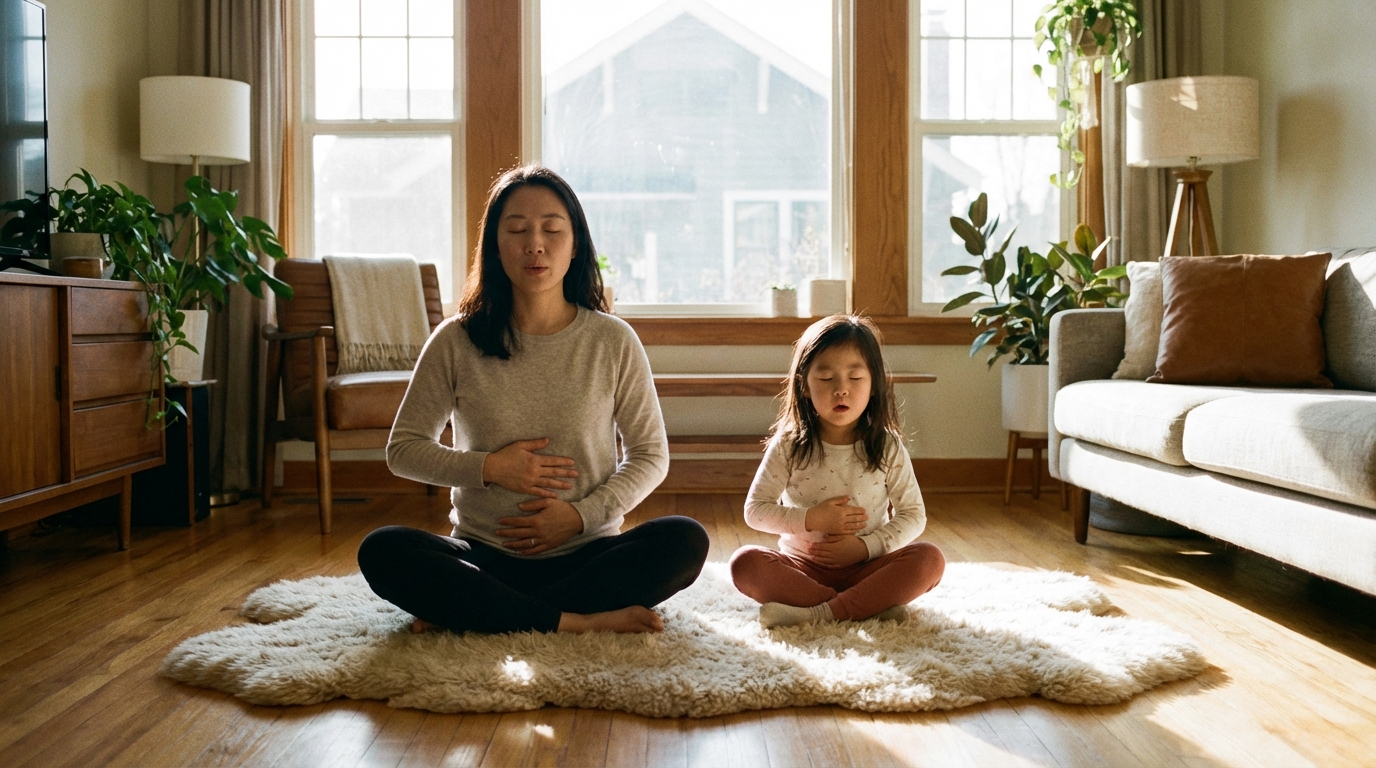 엄마와 함께 호흡 연습을 하는 아이