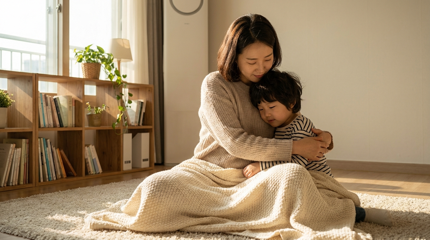 엄마 품에서 안정을 찾은 아이