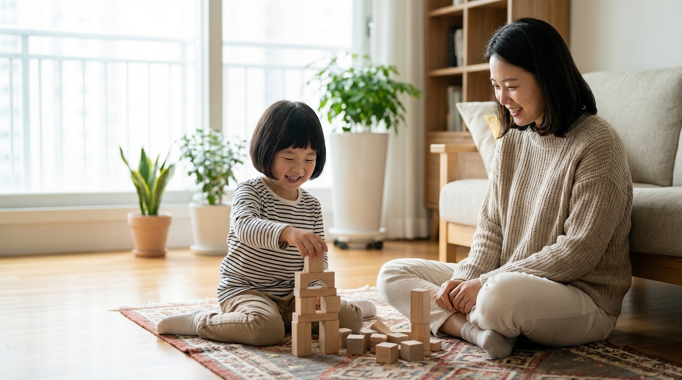 안정된 상태에서 블록놀이를 하는 아이