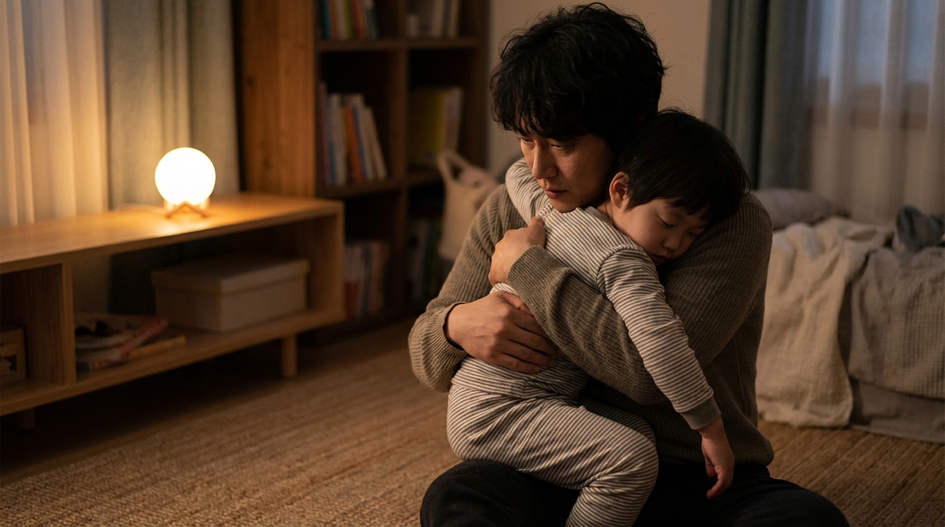 아이를 안아 진정시키는 아빠