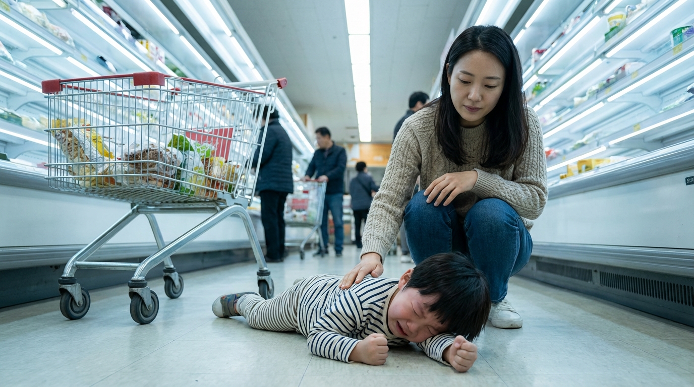 마트에서 멜트다운을 겪는 아이와 차분한 엄마